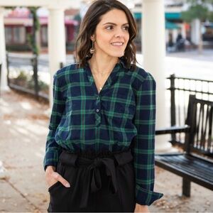 CAbi Black and Green Notched Collar Long Sleeve Shirt